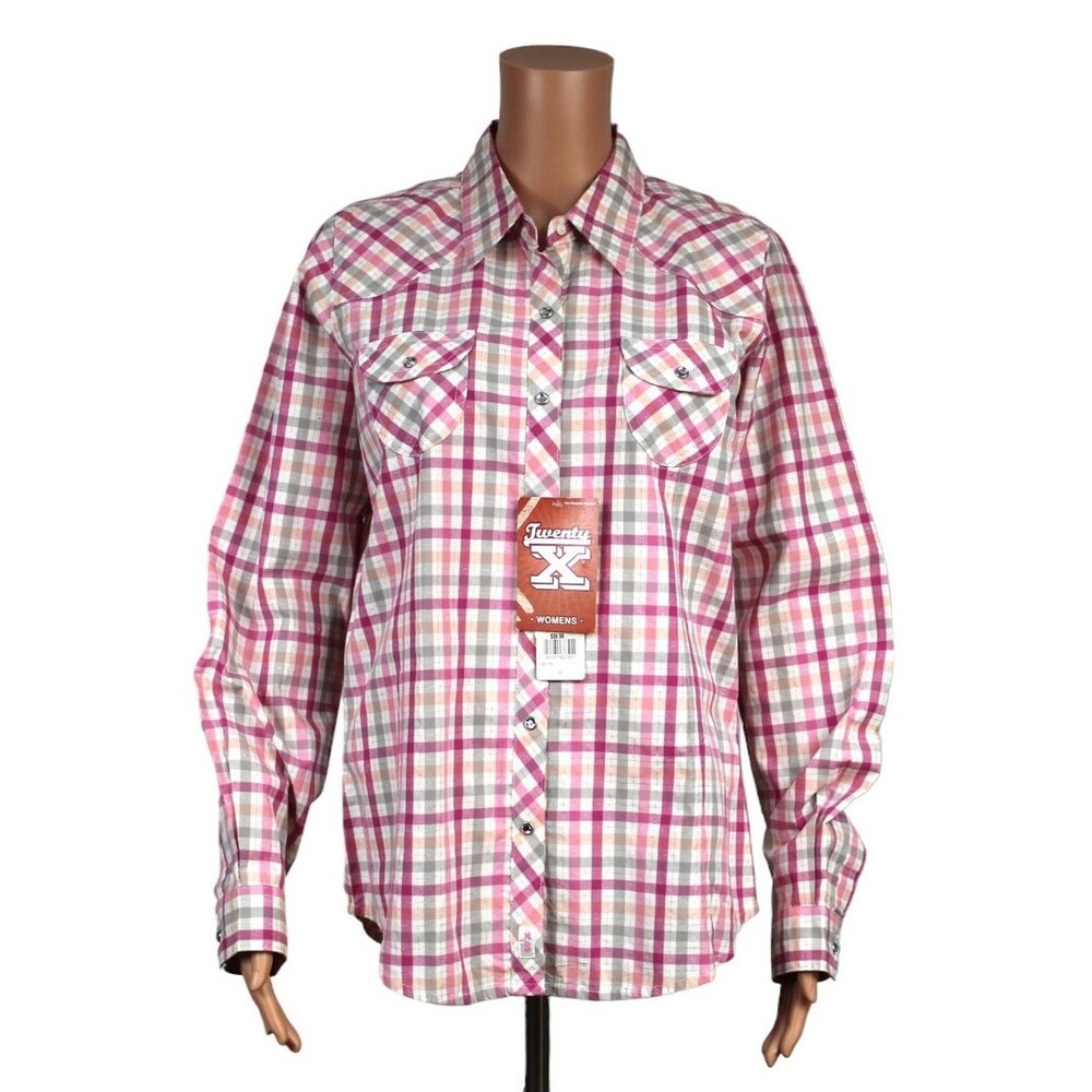 Twenty X Women's Medium Plaid Snap-Up Cotton Shirt Pink White Gray